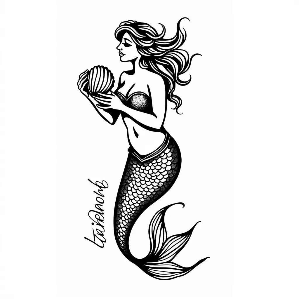 Old School Tattoo MerMaid with SeaShell- by AI Tattoo Generator