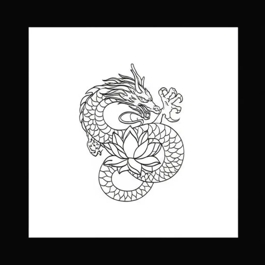 Minimalist Dragon and Lotus Tattoo Design