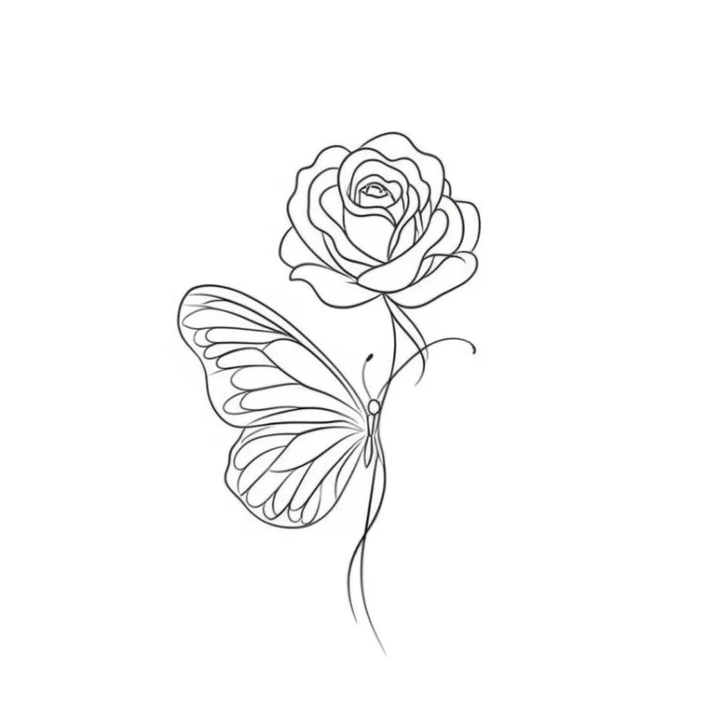 Fine Line Butterfly and Rose Tattoo Design
