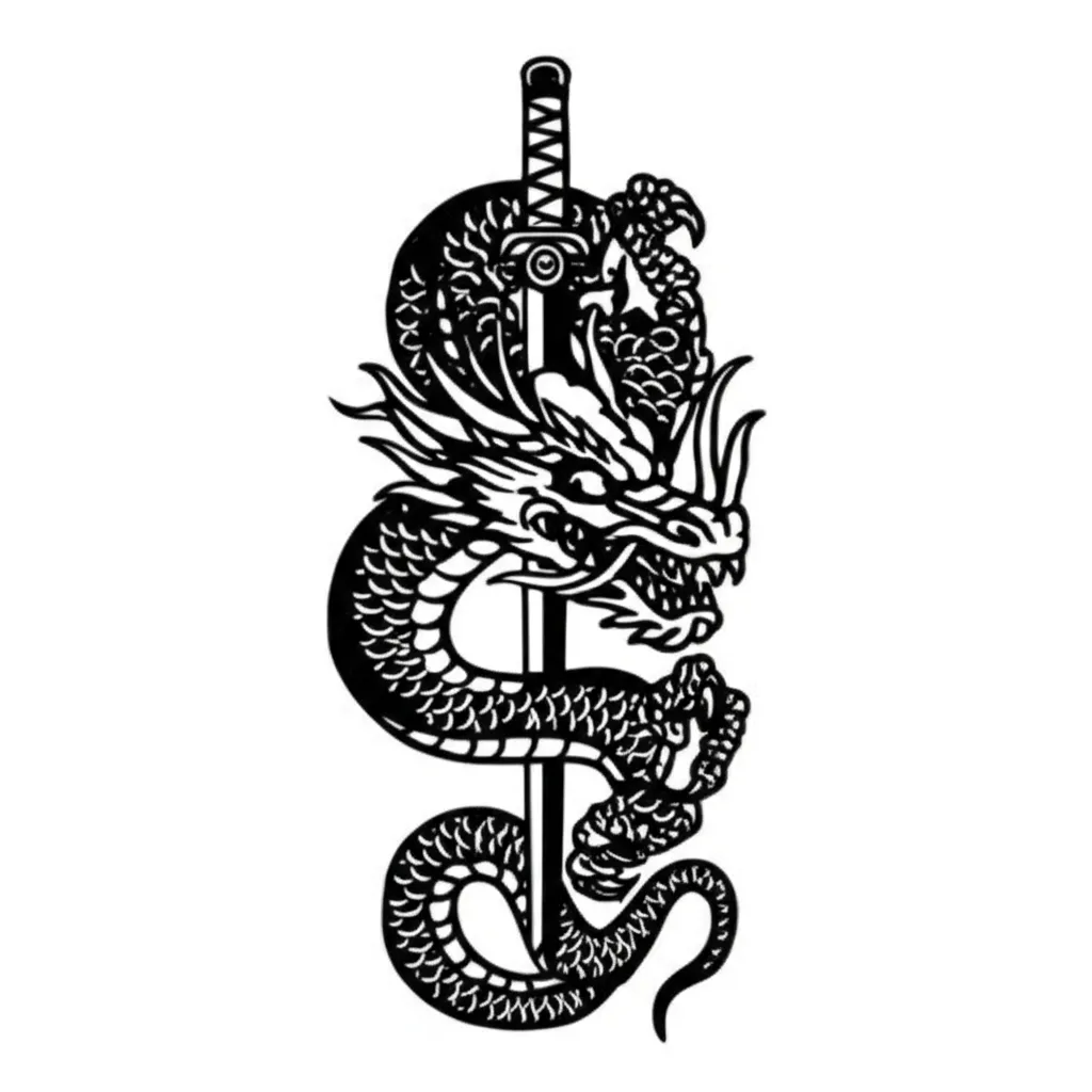 Dragon and Katana Old School Tattoo Design Dragon and Katana Old School Tattoo Design