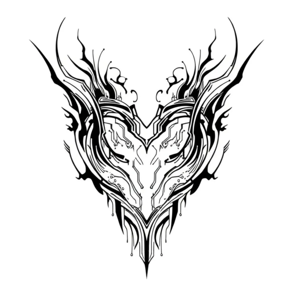Cyber Sigilism Heart Tattoo with Flames - Arm and Clavicle Design