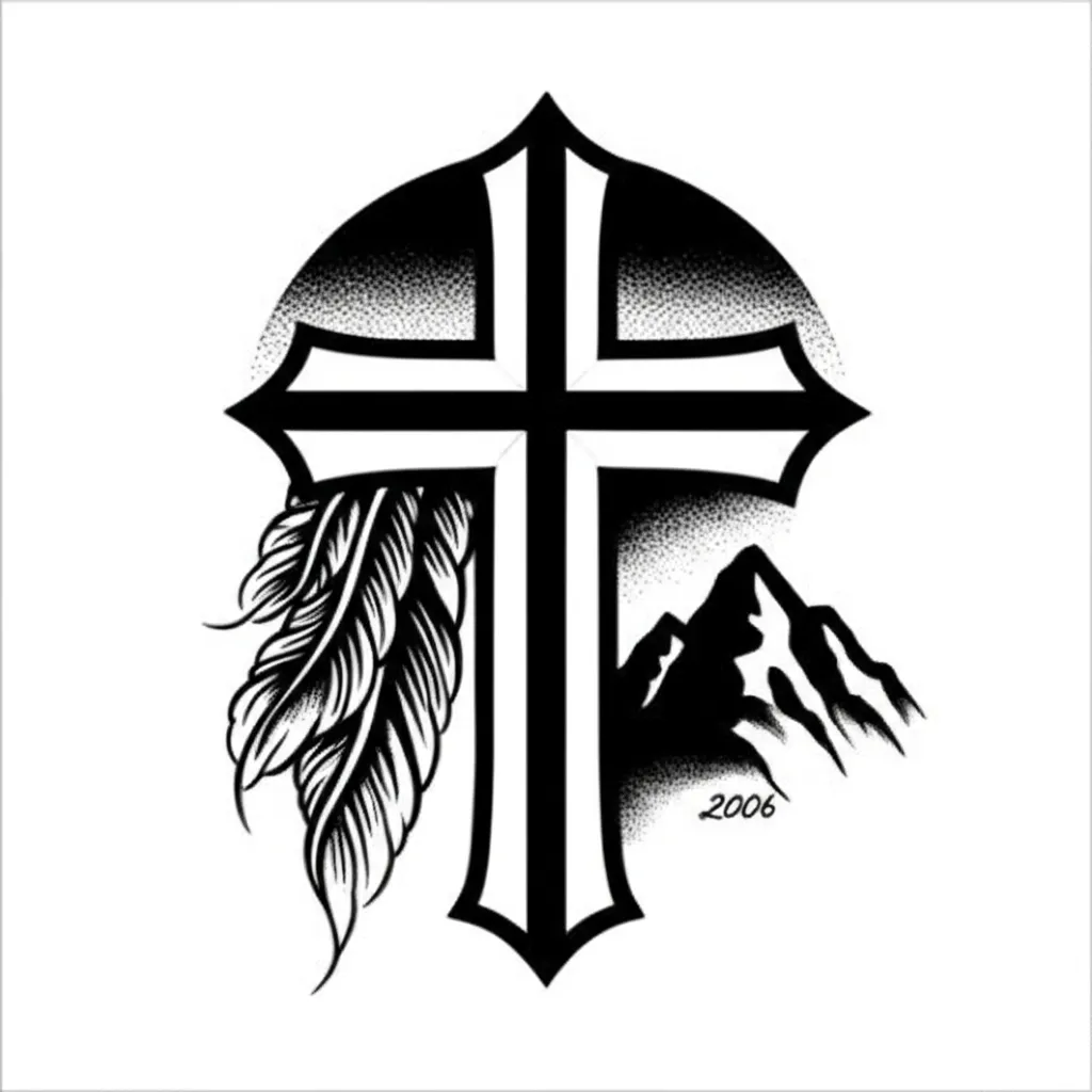 American Traditional Chest Tattoo: Cross, Feathers, Mountains & 2006 American Traditional Chest Tattoo: Cross, Feathers, Mountains & 2006