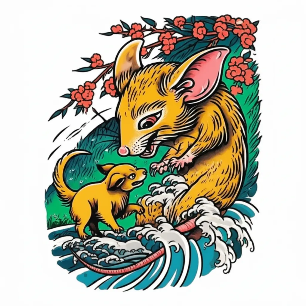 Japanese Traditional Little Dog and Big Mouse Tattoo