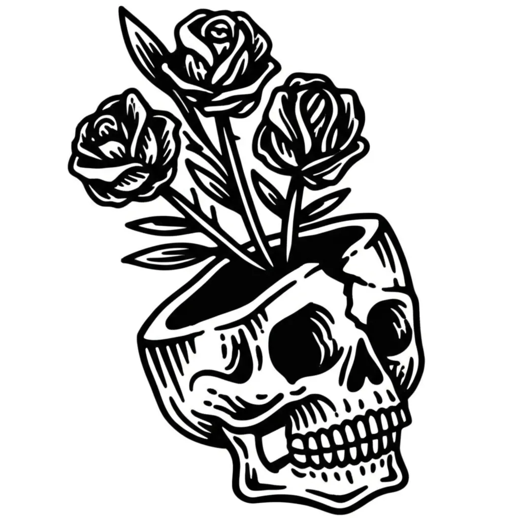 American Traditional Skull and Roses Tattoo Design