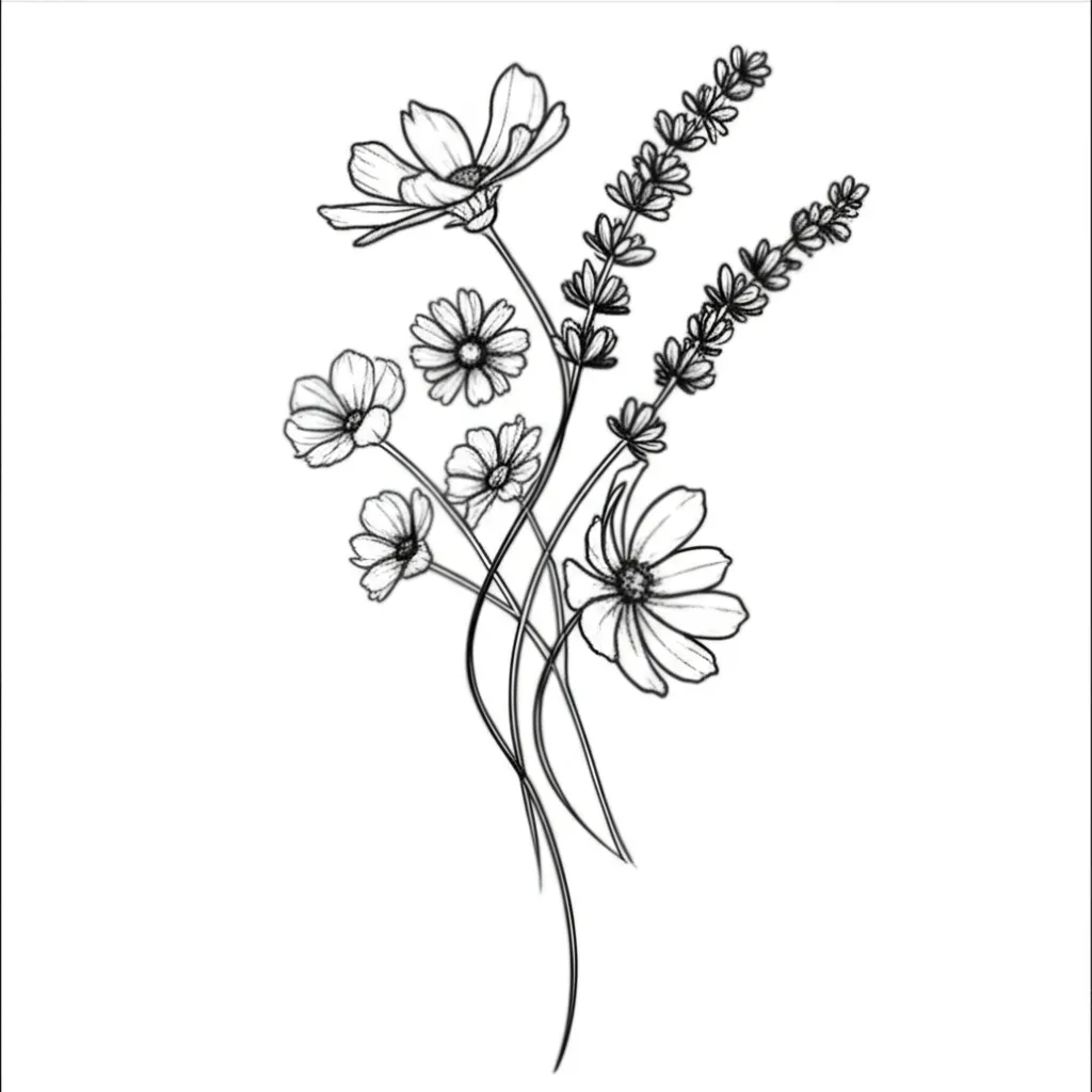 Minimalist Spine Tattoo: Lavender, Violets, Daisies & Cosmos Minimalist Spine Tattoo: Lavender, Violets, Daisies & Cosmos