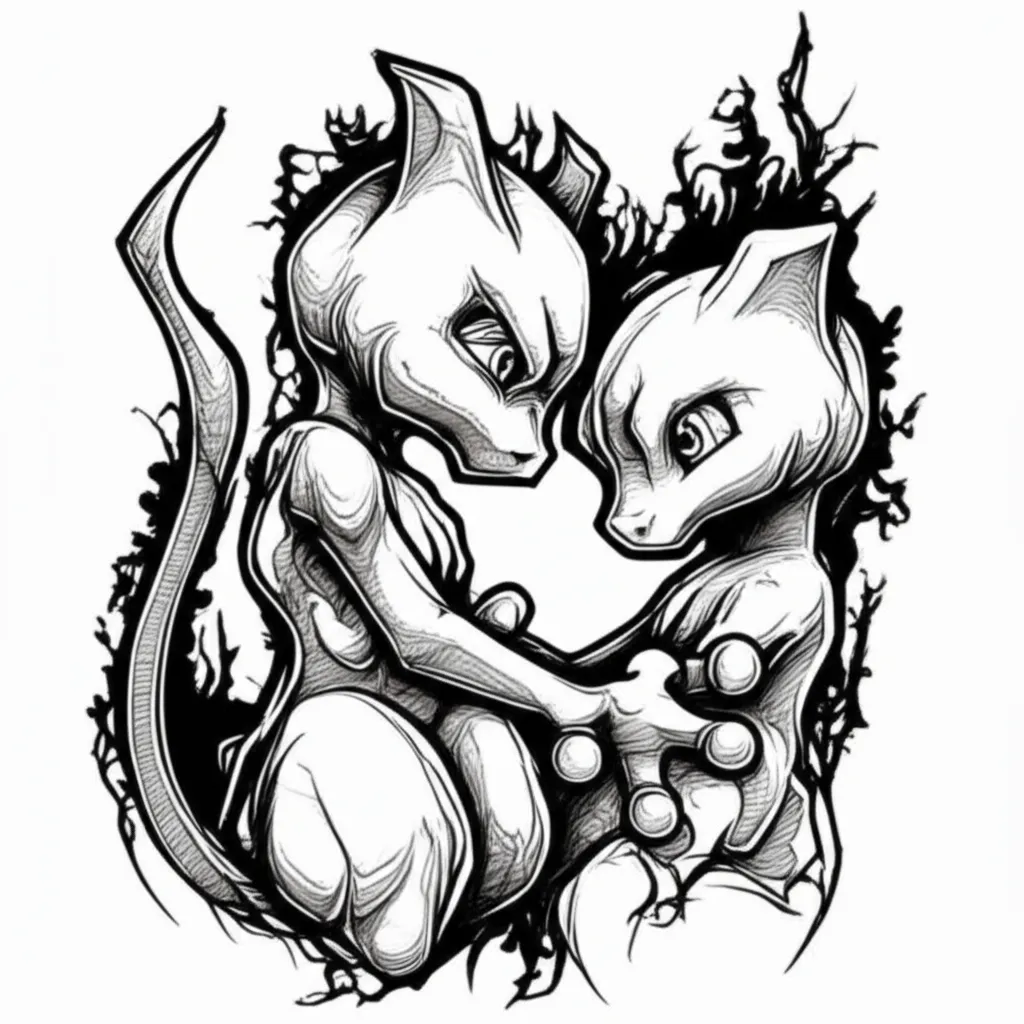 Gothic Mew and Mewtwo Couple Tattoo Design