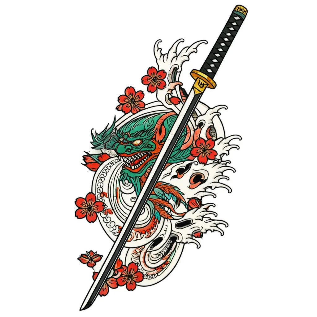 Japanese Katana Tattoo with Dragon and Cherry Blossoms