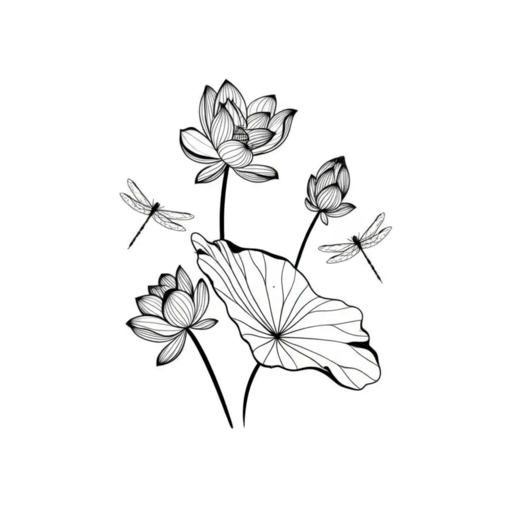 Minimalist Vietnamese Lotus Flower and Dragonfly Tattoo Design