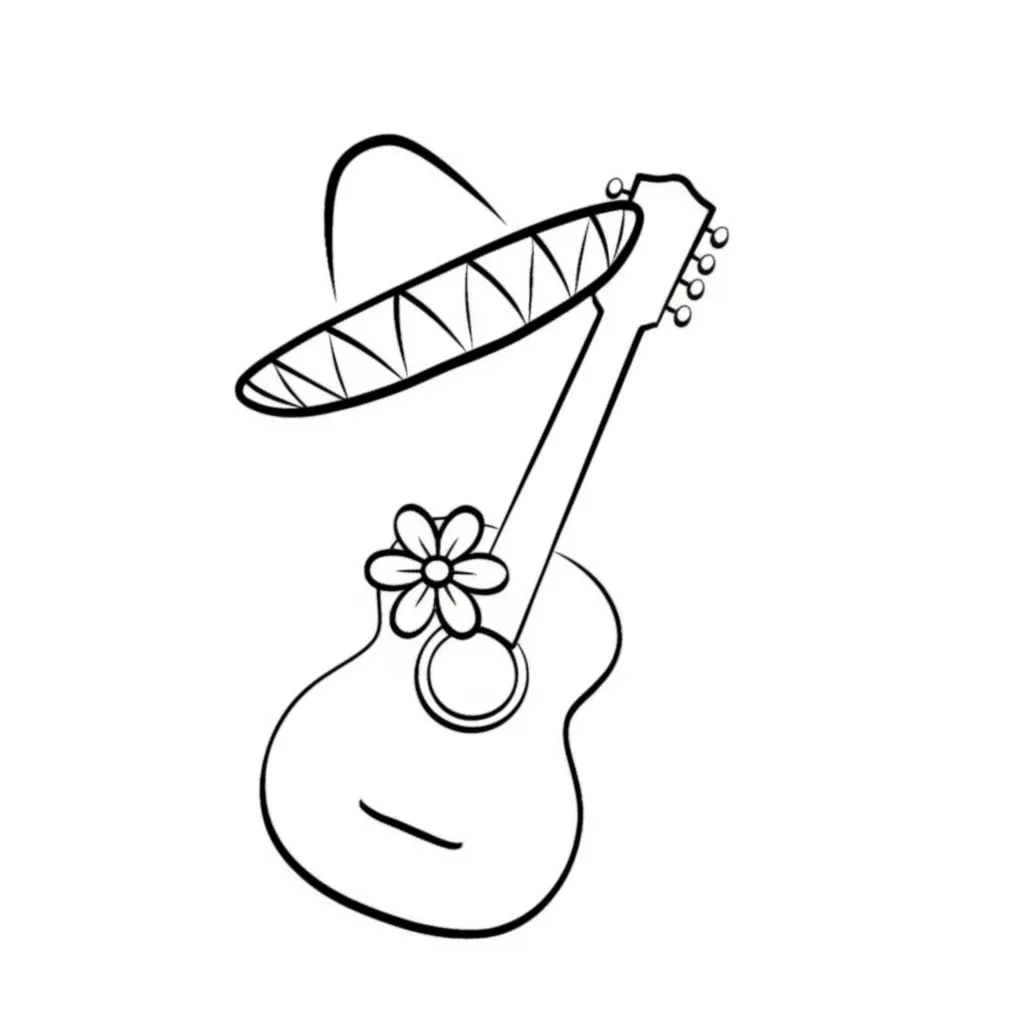 Minimalist Guitar with Mariachi Hat and Margarita Flower Tattoo
