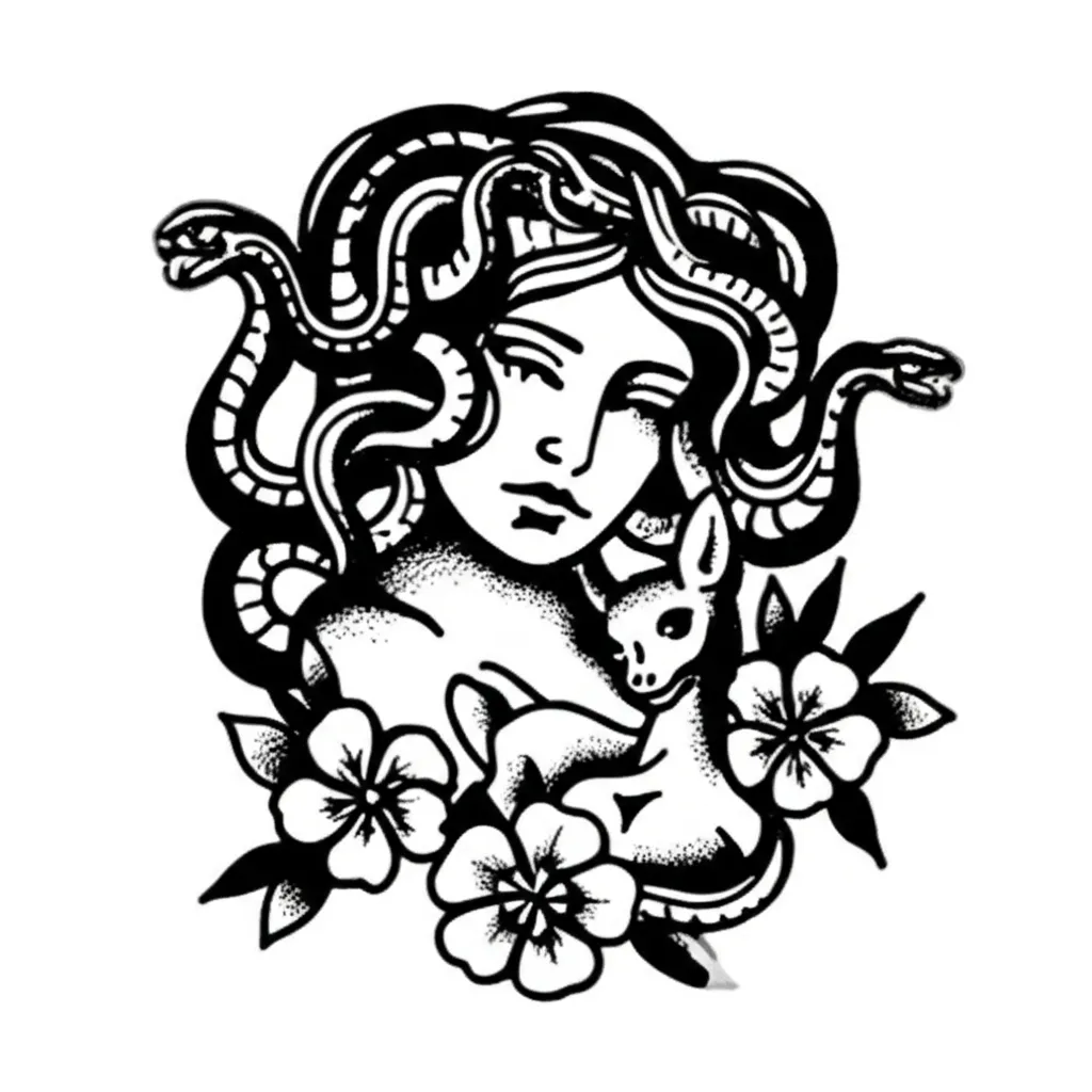 American Traditional Medusa Tattoo with Deer and Flowers
