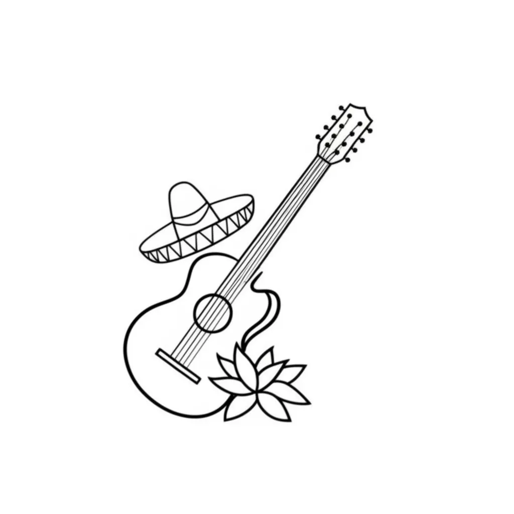 Minimalist Guitar with Mariachi Hat and Margarita Flower Tattoo