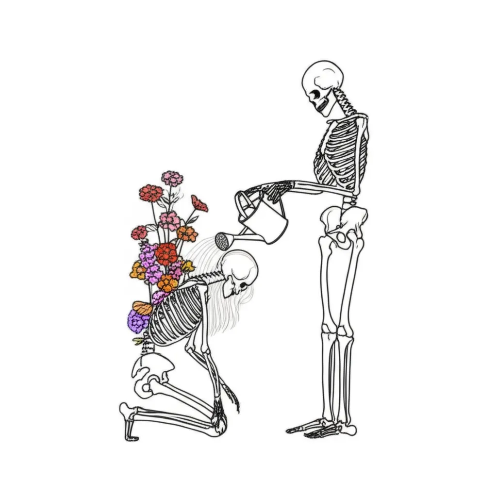 Minimalist Skeleton Watering Flowers Tattoo Idea
