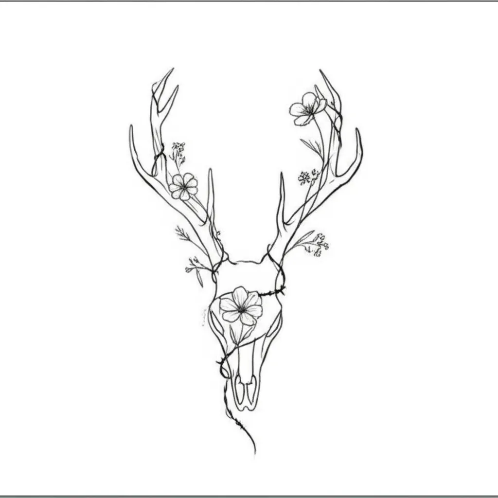 Fine Line Spine Tattoo with Barbed Wire, Deer Antlers, and Flowers