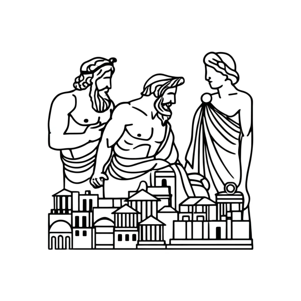 Minimalist Woodcut Greek Gods Over City Tattoo Idea Minimalist Woodcut Greek Gods Over City Tattoo Idea