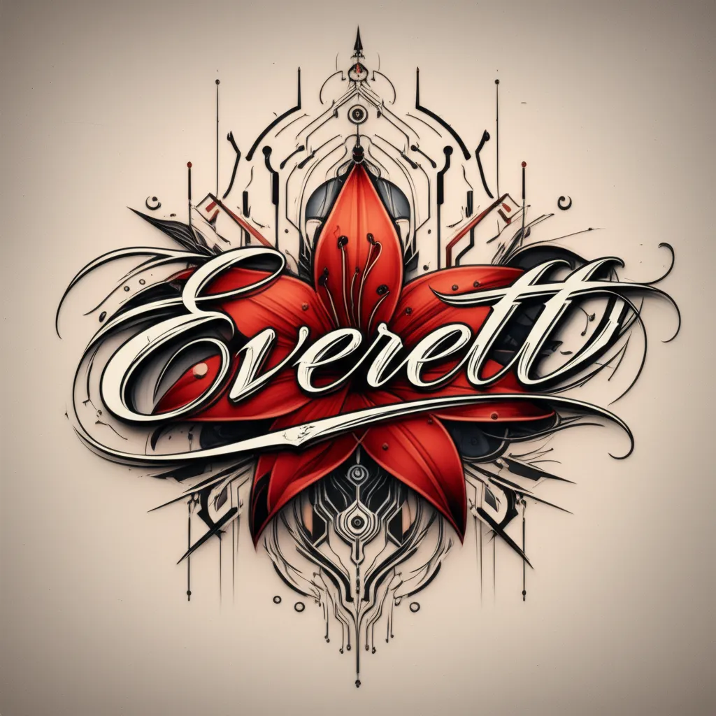 Everett Name Tattoo with Red Lily in Cyber Sigilism Style