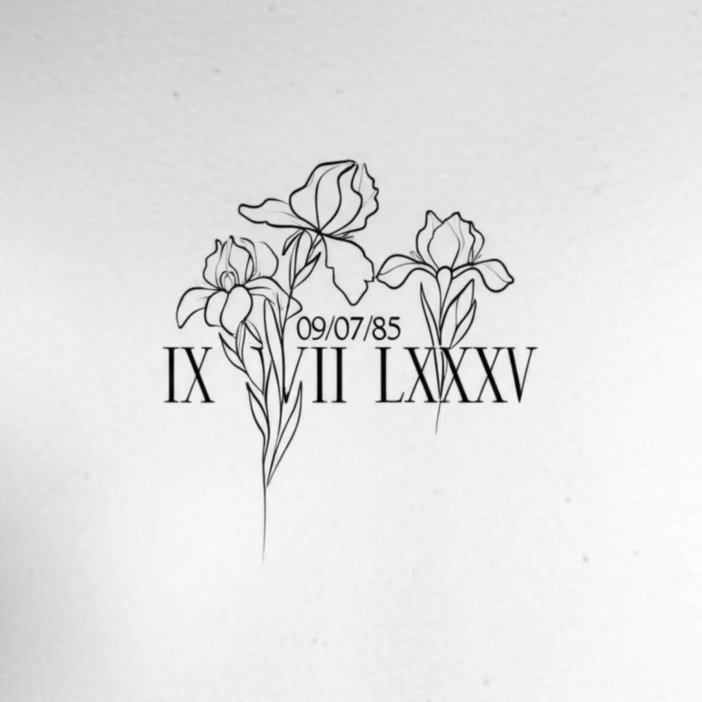 Minimalist Chest Tattoo: Roman Numerals & Iris Flowers - 09/07/85 Minimalist Chest Tattoo: Roman Numerals & Iris Flowers - 09/07/85
