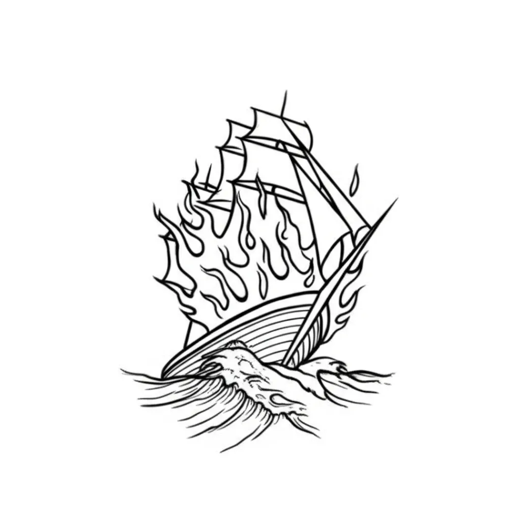 Minimalist Ship on Fire Tattoo Design