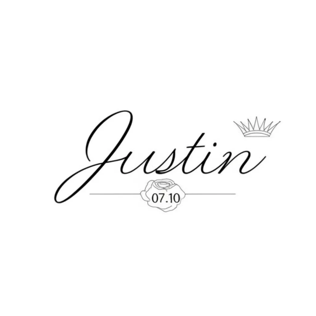 Minimalist 'Justin' Name Tattoo with Crown, Rose & Date Minimalist 'Justin' Name Tattoo with Crown, Rose & Date