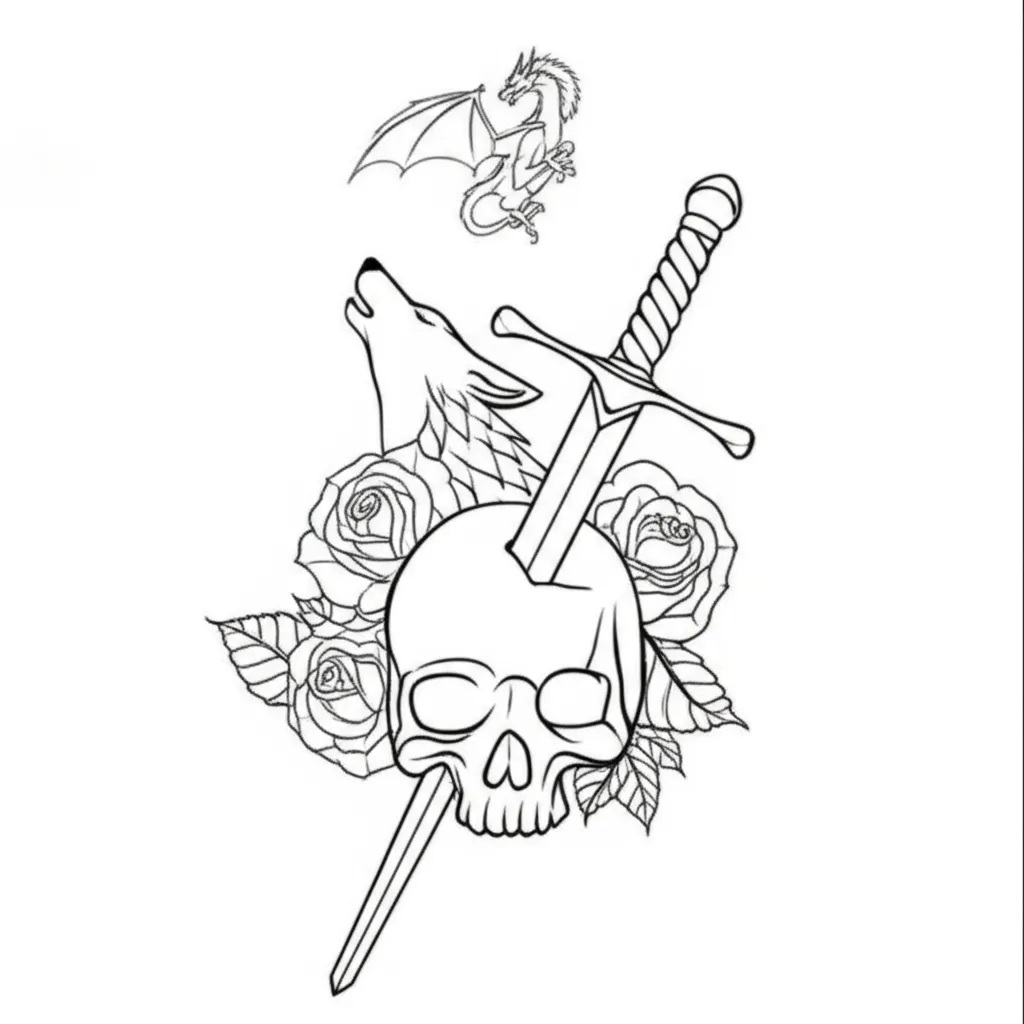 Minimalist Skull, Sword, Wolf & Dragon Tattoo Design