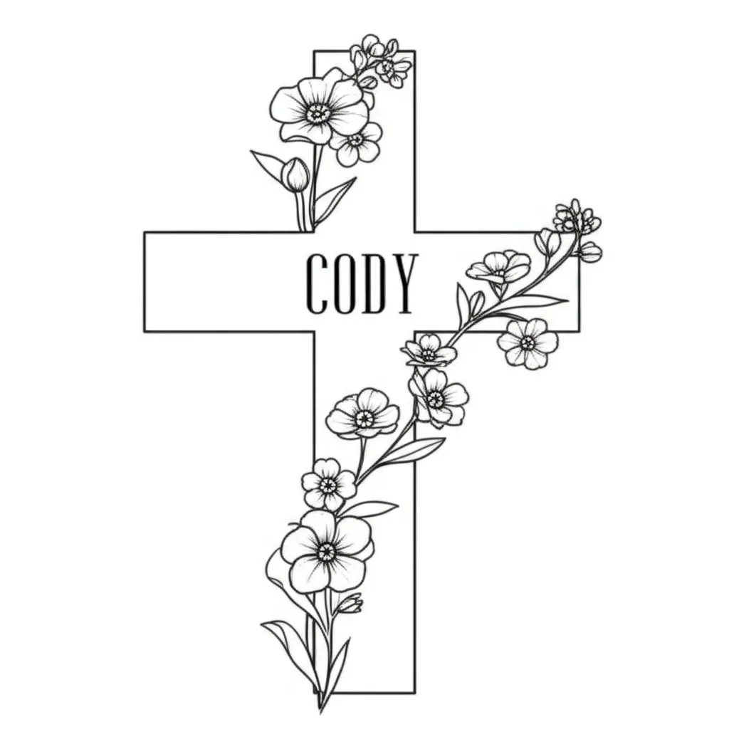 Minimalist Hollow Cross Tattoo with Name and Flowers - Cody