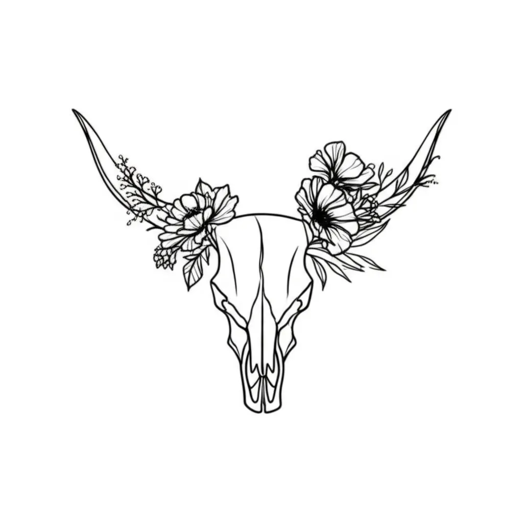 Minimalist Longhorn Skull with Flowers Tattoo Design