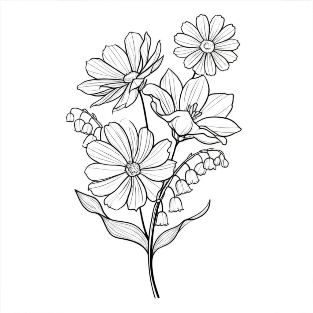 Minimalist Daisy, Lily of the Valley & Cosmos Flower Tattoo Design Minimalist Daisy, Lily of the Valley & Cosmos Flower Tattoo Design