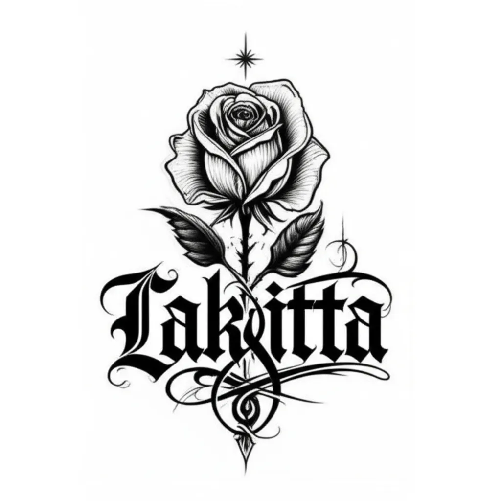 Lakitta Name Tattoo with Gothic Rose and Godly Star Lakitta Name Tattoo with Gothic Rose and Godly Star