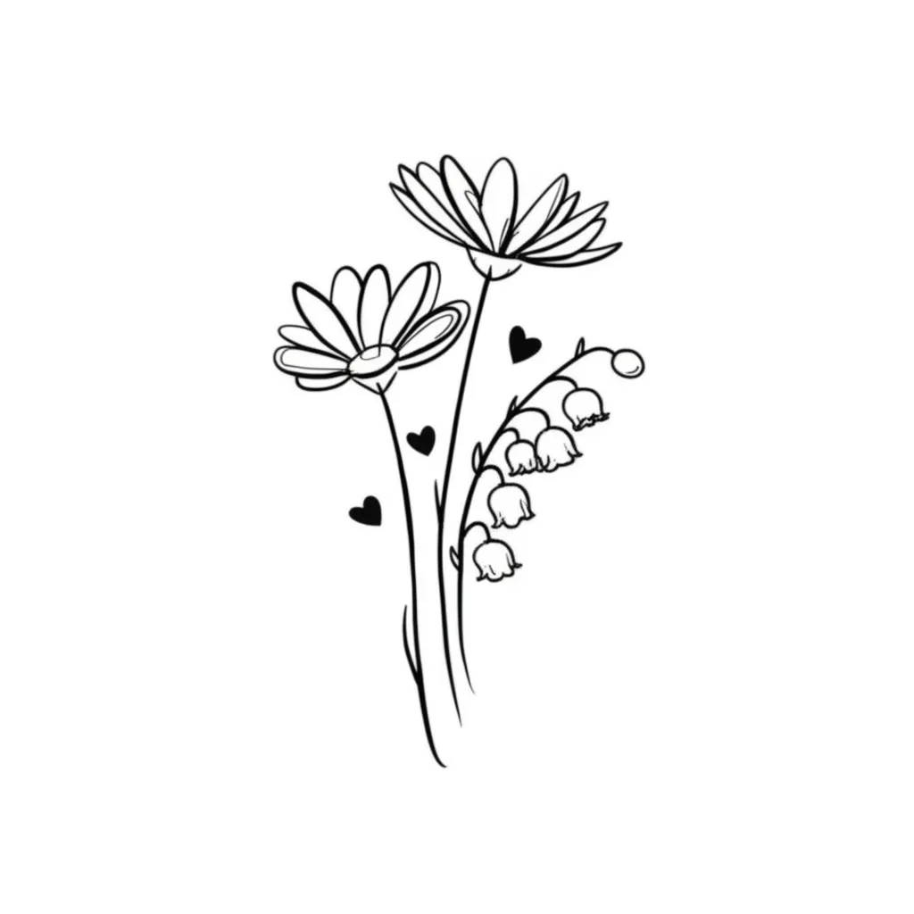 Minimalist Daisy, Lily of the Valley & Hearts Tattoo Design Minimalist Daisy, Lily of the Valley & Hearts Tattoo Design