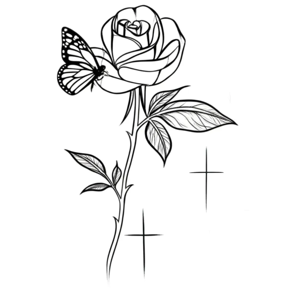 Minimalist Rose, Butterfly, and Cross Tattoo Design