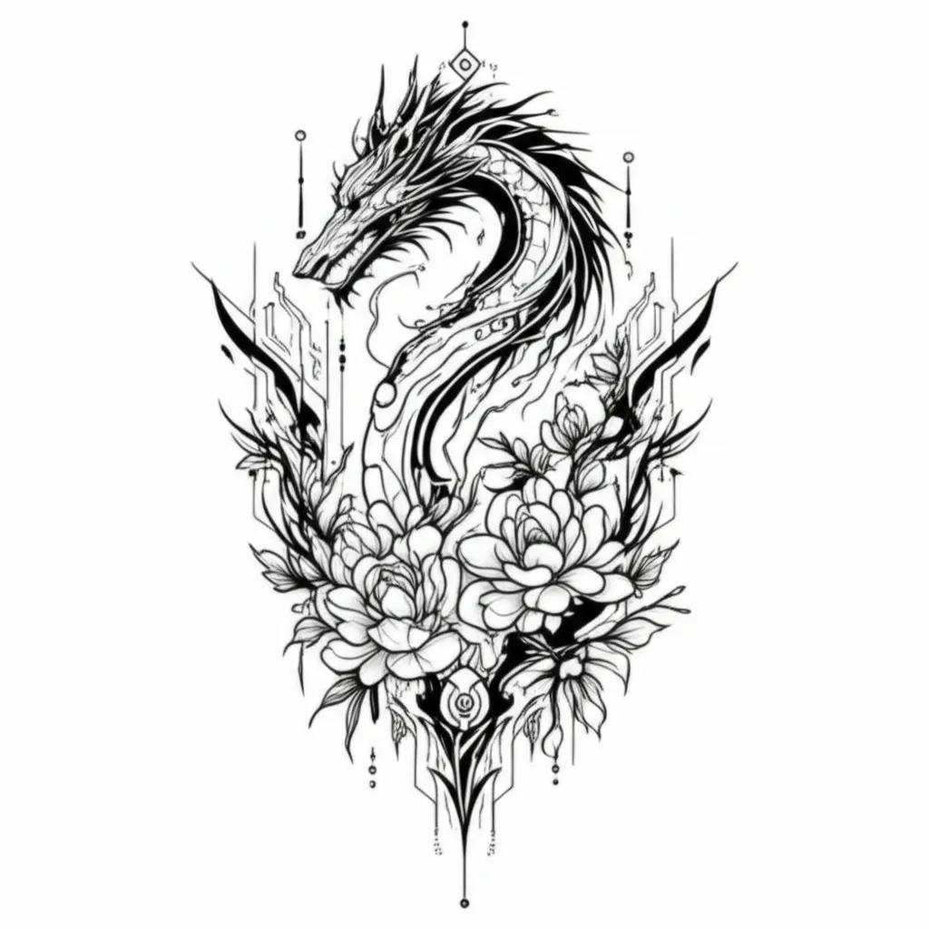Cyber Sigilism Dragon Back Tattoo with Flowers and Vines Cyber Sigilism Dragon Back Tattoo with Flowers and Vines