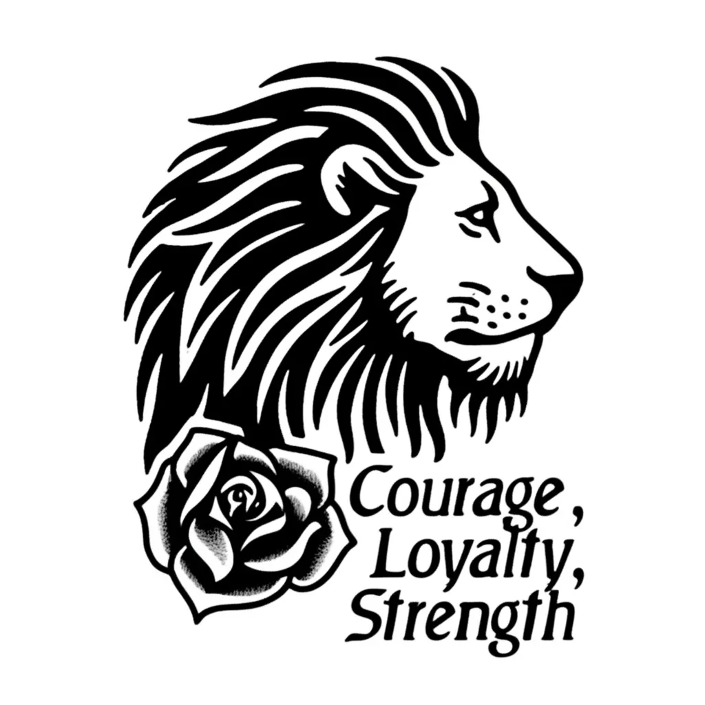 American Traditional Lion and Rose Tattoo with Courage, Loyalty, Strength