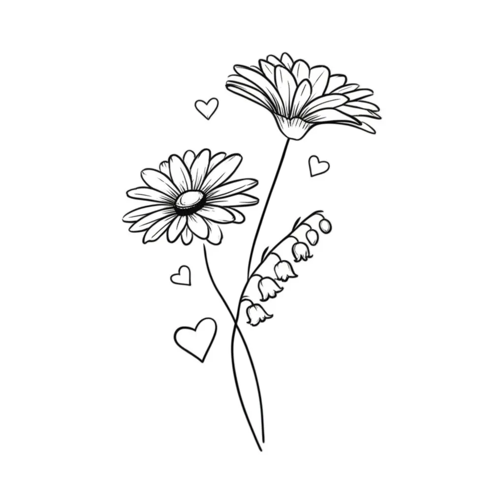 Minimalist Daisy, Lily of the Valley & Hearts Tattoo Design Minimalist Daisy, Lily of the Valley & Hearts Tattoo Design