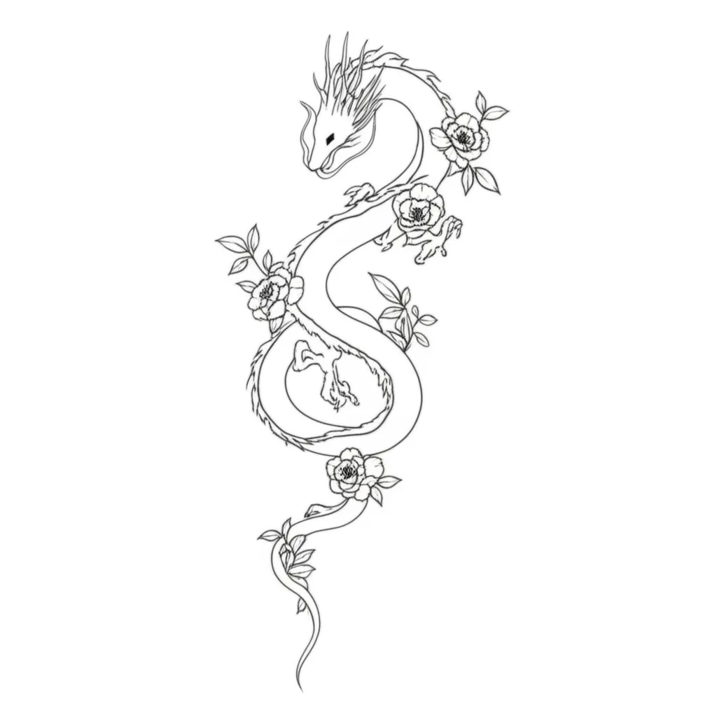 Minimalist Dragon Back Tattoo with Flowers and Vines Minimalist Dragon Back Tattoo with Flowers and Vines