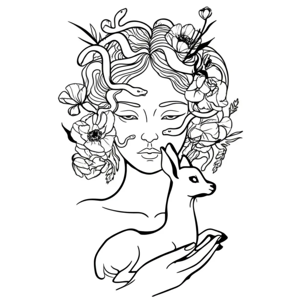 Minimalist Medusa Tattoo with Deer and Flowers