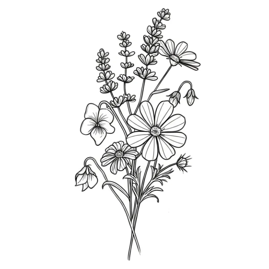 Minimalist Floral Spine Tattoo: Lavender, Violets, Daisies, Cosmos Minimalist Floral Spine Tattoo: Lavender, Violets, Daisies, Cosmos