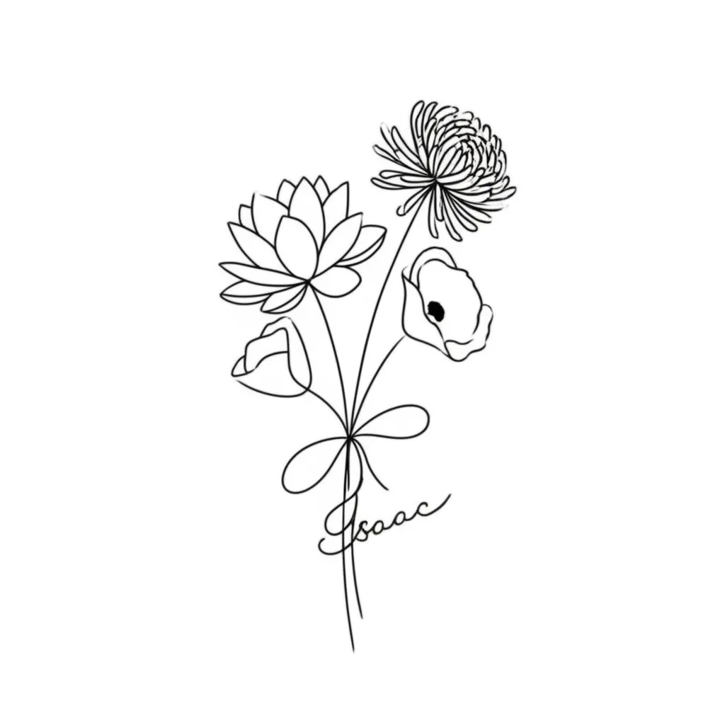 Fine Line Floral Bouquet Tattoo with Name - Isaac