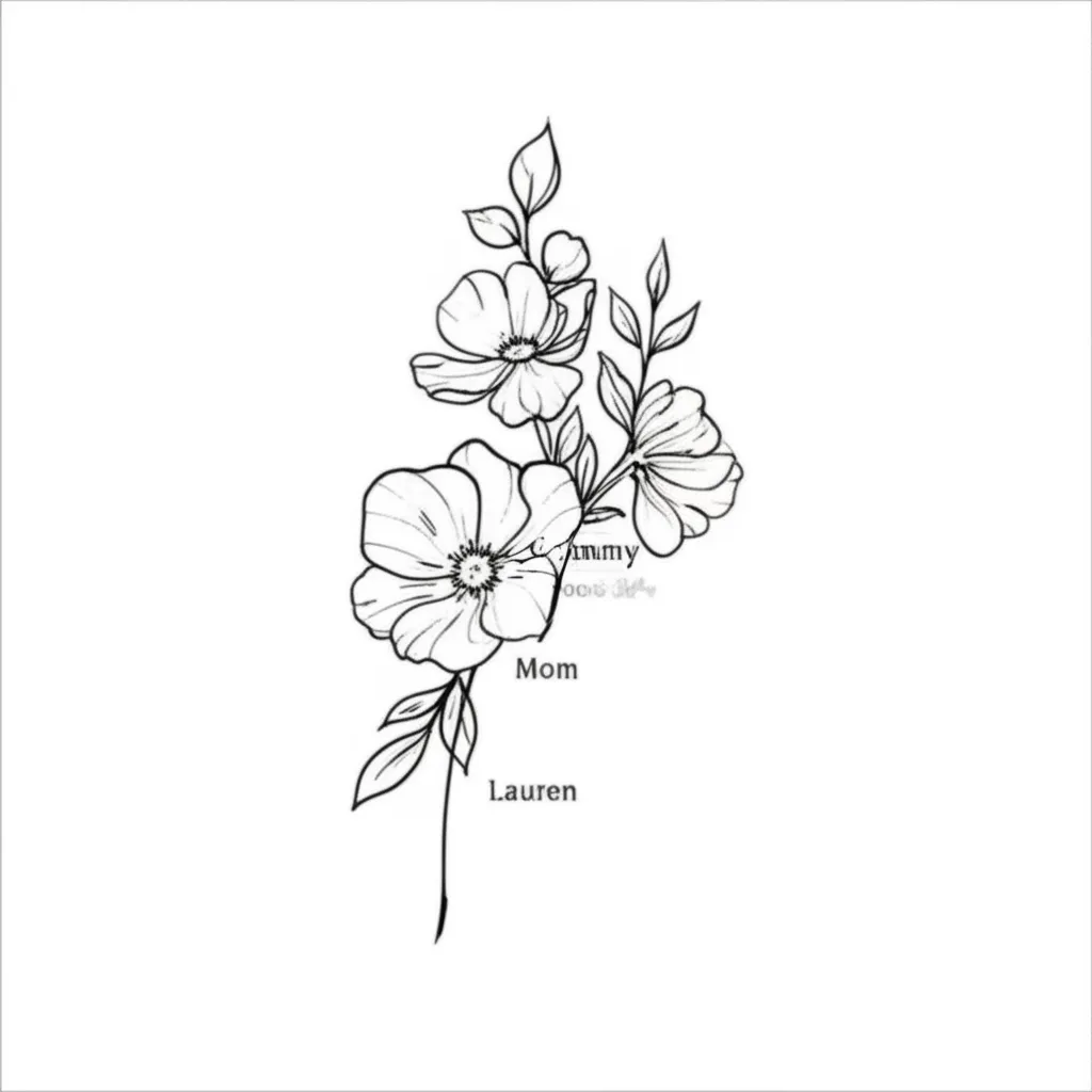 Minimalist Flower Tattoo with Names Grammy, Mom, Lauren Minimalist Flower Tattoo with Names Grammy, Mom, Lauren