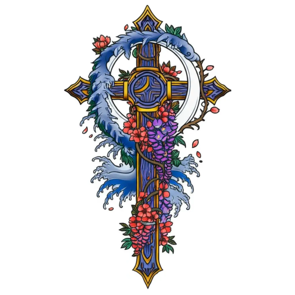 Japanese Moon Cross with Vines Tattoo Design Japanese Moon Cross with Vines Tattoo Design