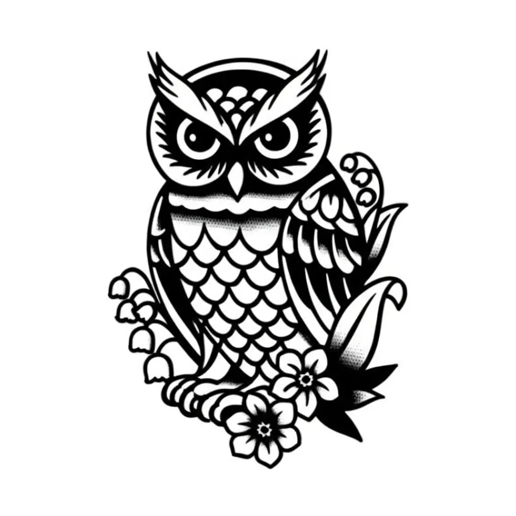 American Traditional Owl Tattoo with Lily of the Valley and Hawthorn American Traditional Owl Tattoo with Lily of the Valley and Hawthorn