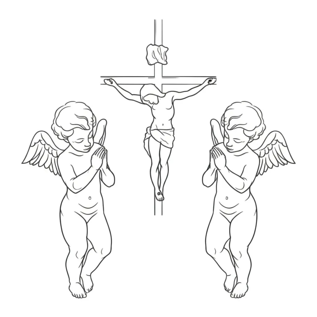 Minimalist Tattoo Design: Two Angels with God on Cross Minimalist Tattoo Design: Two Angels with God on Cross