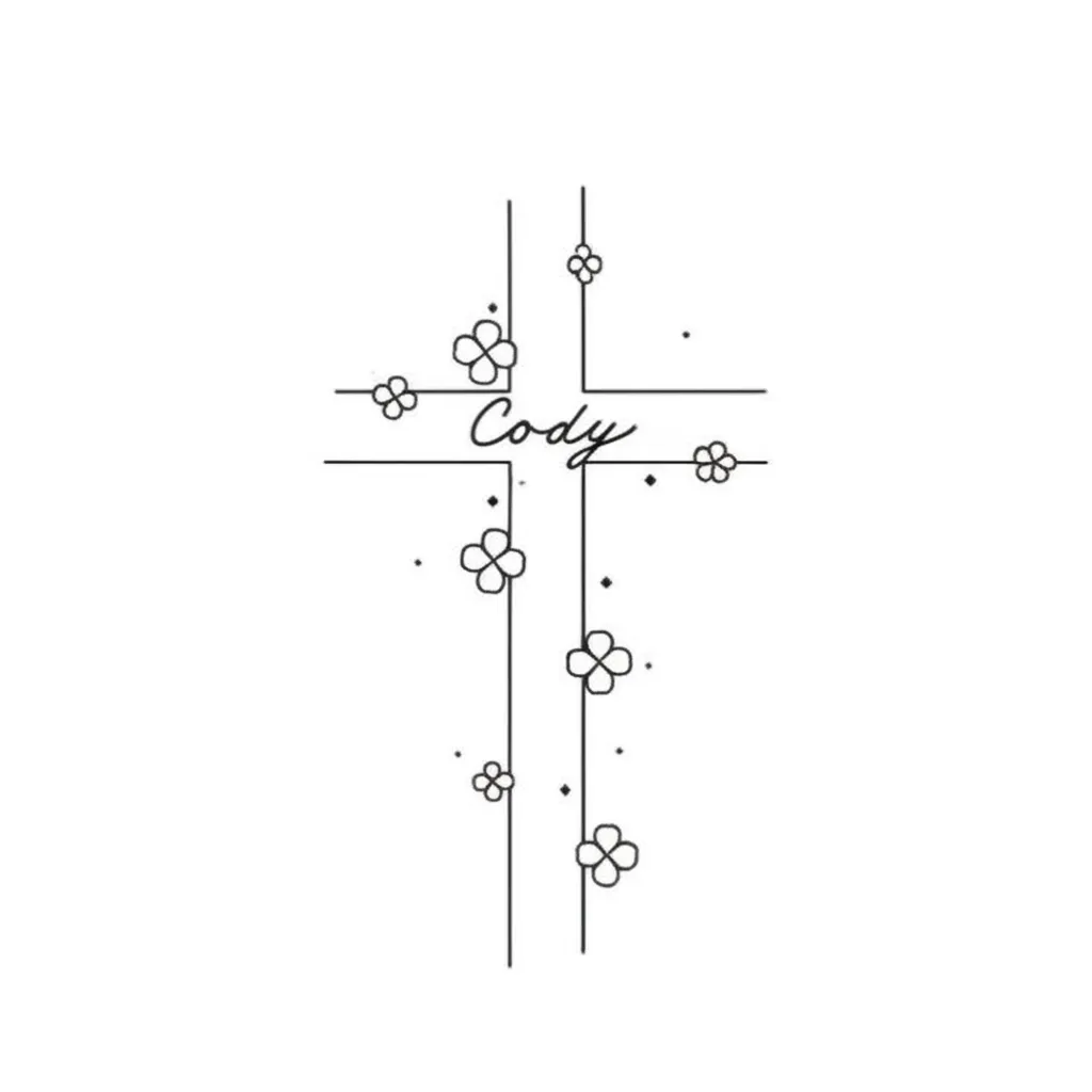 Minimalist Hollow Cross Tattoo with Name Cody and Flowers