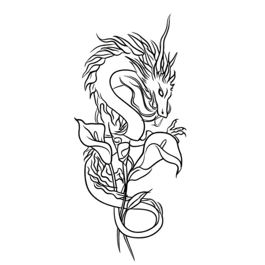 Minimalist Dragon with Calla Lilies Tattoo Design Minimalist Dragon with Calla Lilies Tattoo Design