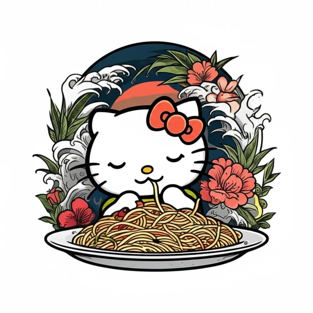 Hello Kitty Japanese Tattoo: Eating Spaghetti Design Hello Kitty Japanese Tattoo: Eating Spaghetti Design