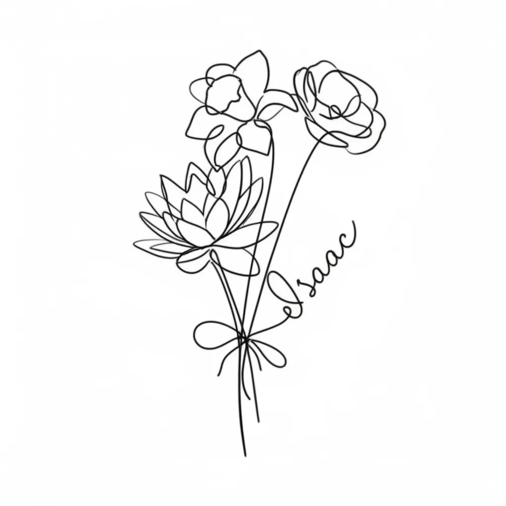 Fine Line Floral Bouquet Tattoo with Name - Isaac
