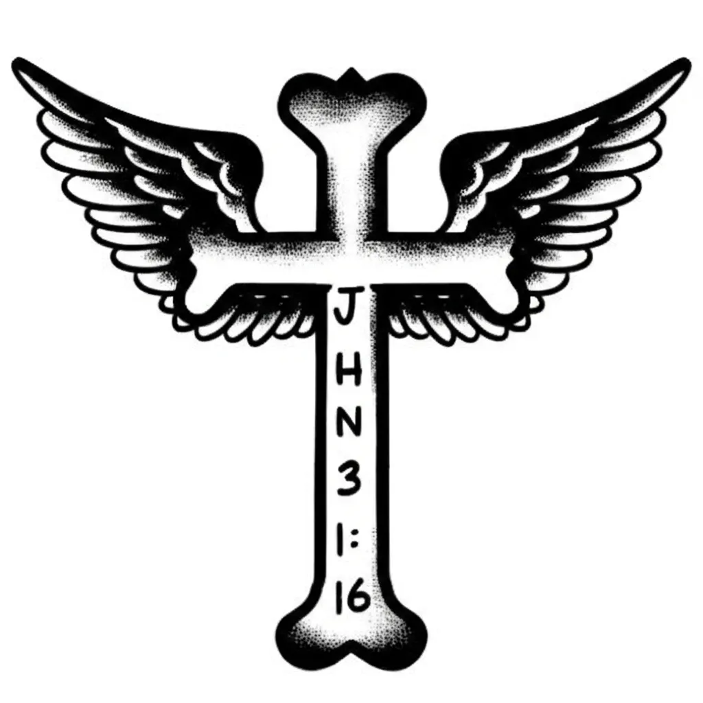 American Traditional Cross with Wings and Bible Verse Tattoo American Traditional Cross with Wings and Bible Verse Tattoo