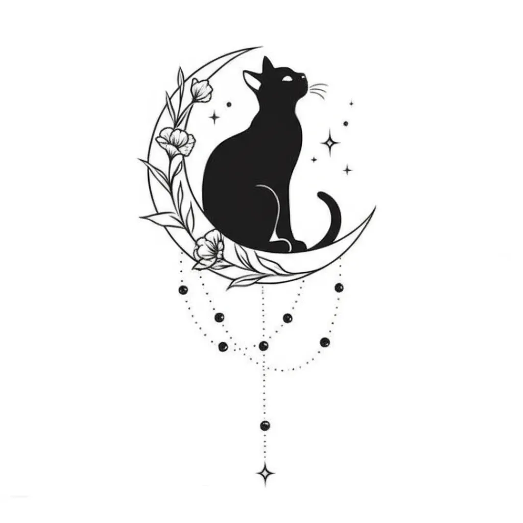 Minimalist Black Cat on Crescent Moon Tattoo with Floral Design