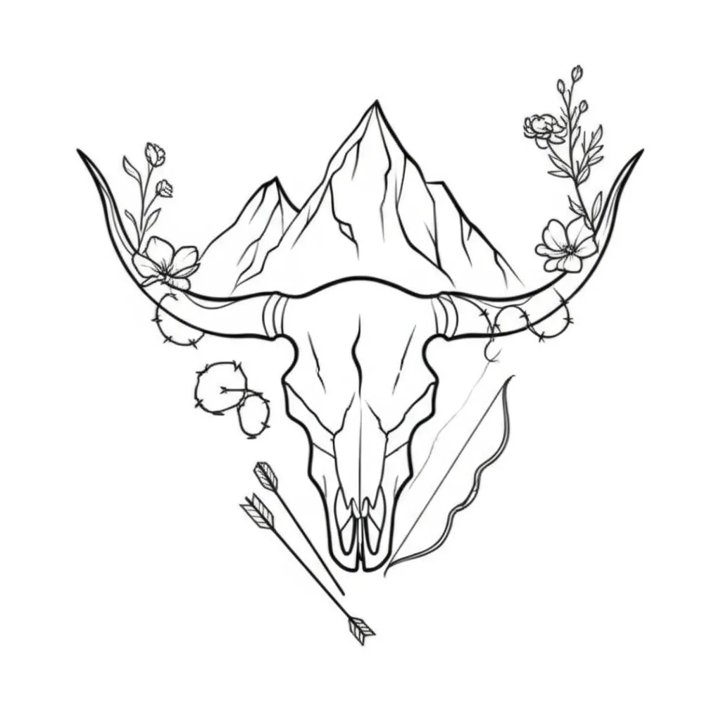 Minimalist Longhorn Skull Tattoo with Flowers and Mountains Minimalist Longhorn Skull Tattoo with Flowers and Mountains