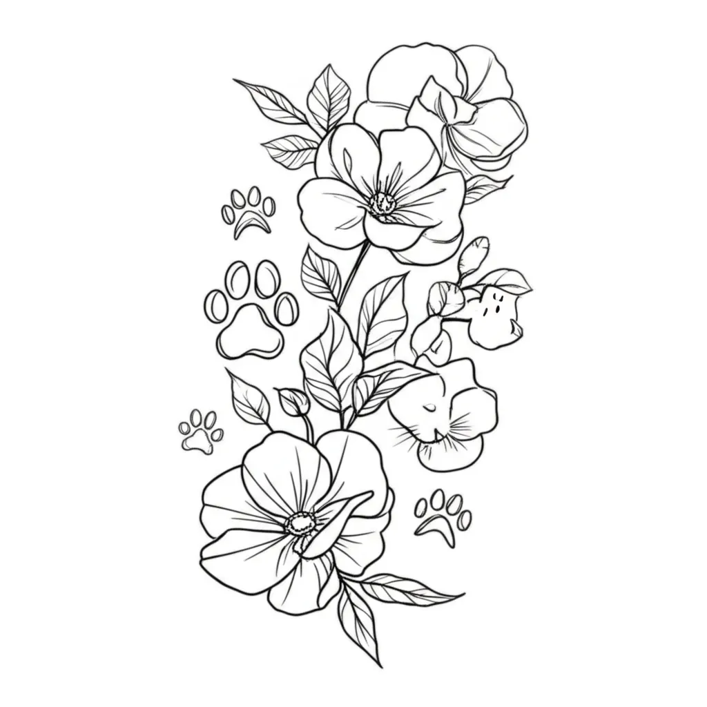 Minimalist Floral Tattoo with Dog & Cat Paw Prints and Faces
