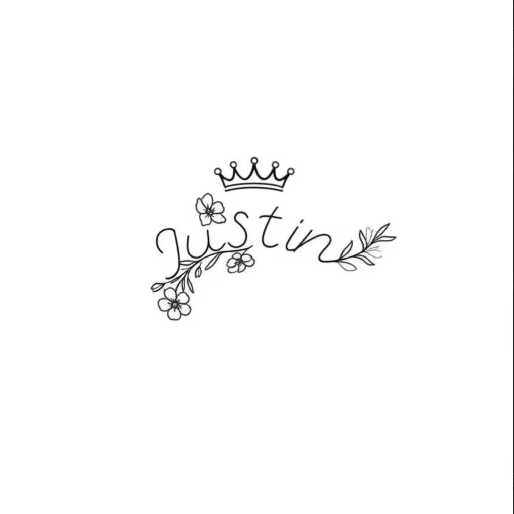 Justin Name Tattoo with Crown and Flowers - Minimalist Design Justin Name Tattoo with Crown and Flowers - Minimalist Design