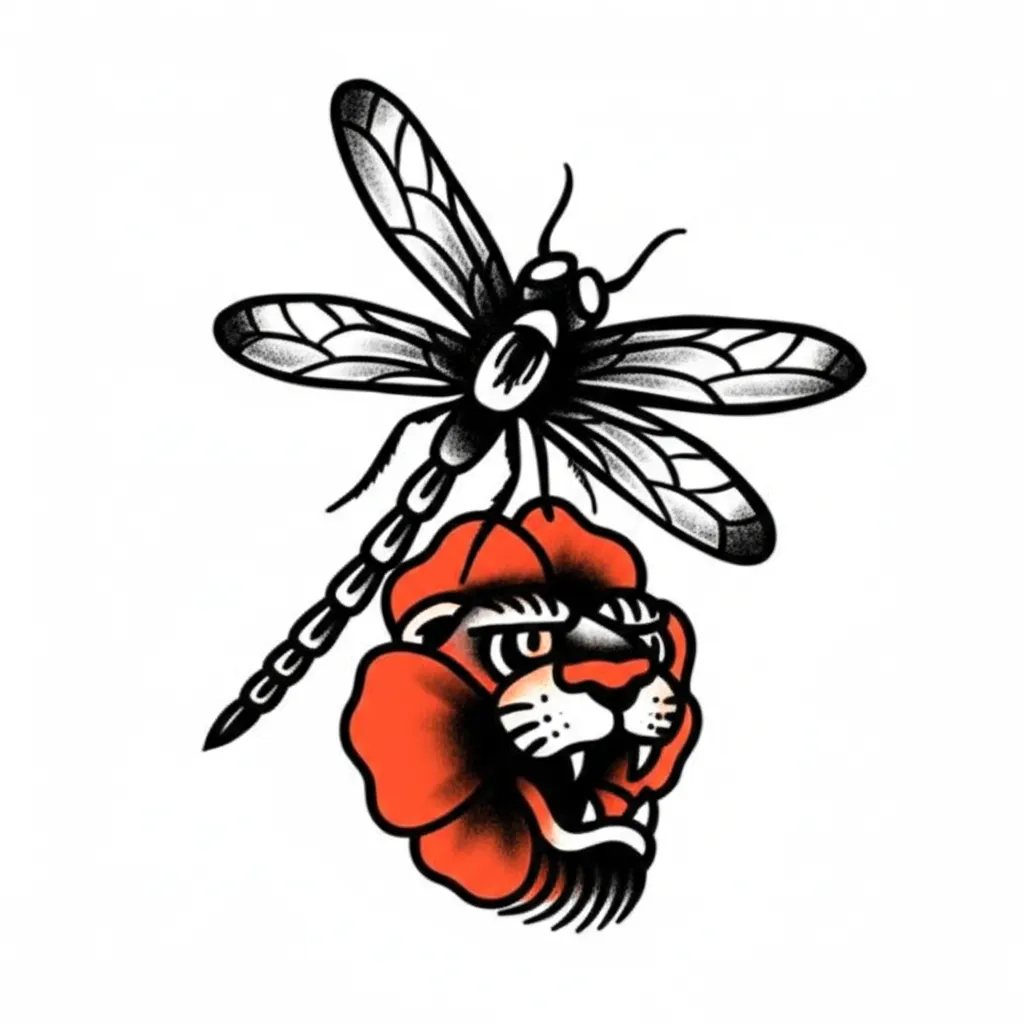 American Traditional Dragonfly, Cross, Lion, and Flowers Tattoo American Traditional Dragonfly, Cross, Lion, and Flowers Tattoo